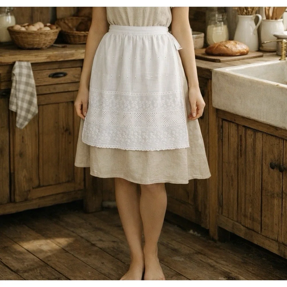 Handmade Vintage White Eyelet Apron Lace Embroidered Farmhouse Cottagecore